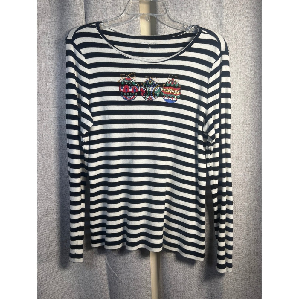 Kim Rogers Womens Christmas Ornament Striped Long Sleeve Cotton Top Navy White M